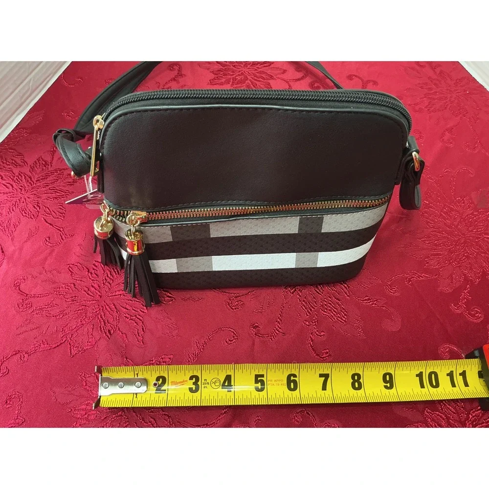New Vegan Leather Plaid Crossbody Bag Black Grey White Tassel Dome Purse - Picture 8 of 14